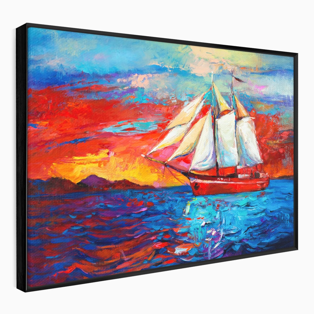 Tablou canvas cu tablou canvas cu vapor cu vele pe mare, in rama de aluminiu negru